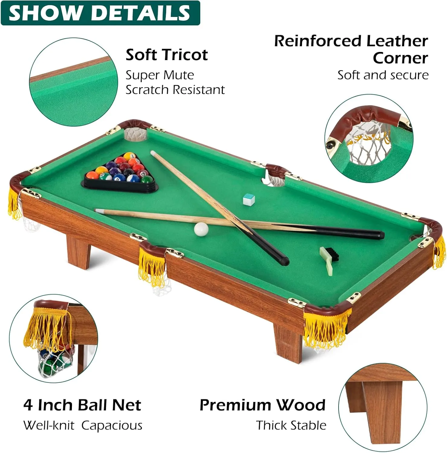 36" Mini Pool Table & Billiard Set, Portable Billiards Game, Small Tabletop Pool Set Includes Balls, Sticks, Chalk, Brush & Triangle for Family