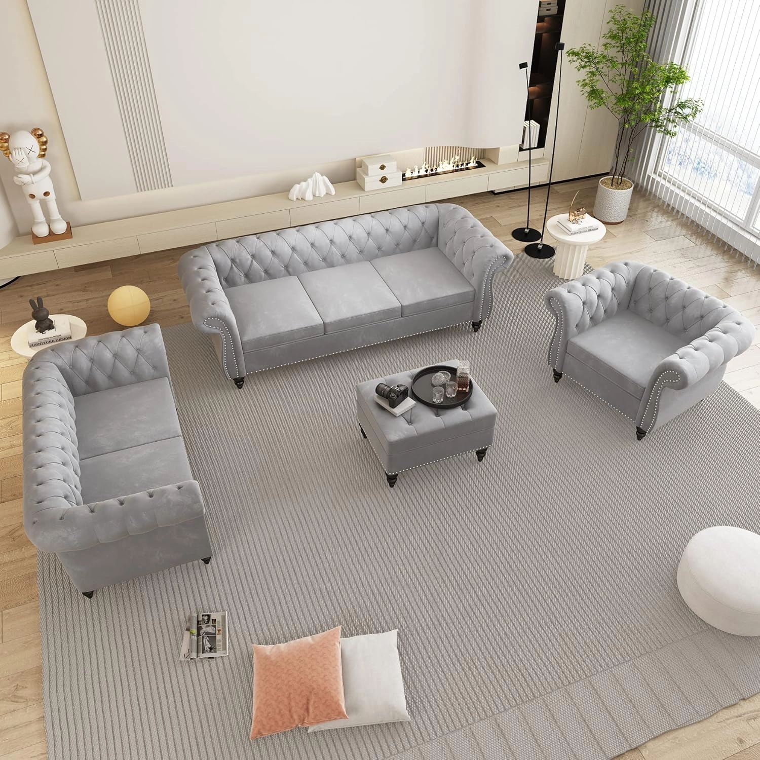 3 Piece Living Room Set, Chesterfield Velvet Sofa Loveseat Couch Chair with Scroll Arms and Nailhead for Living Room, Office (Grey, 1-2-3)