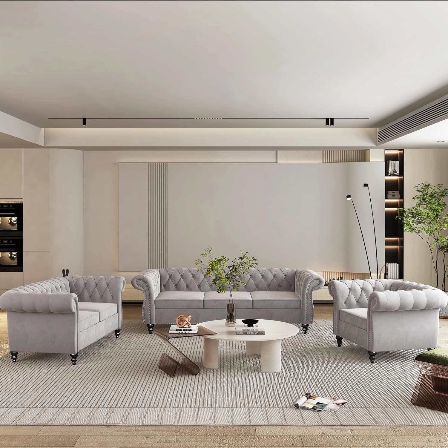 3 Piece Living Room Set, Chesterfield Velvet Sofa Loveseat Couch Chair with Scroll Arms and Nailhead for Living Room, Office (Grey, 1-2-3)