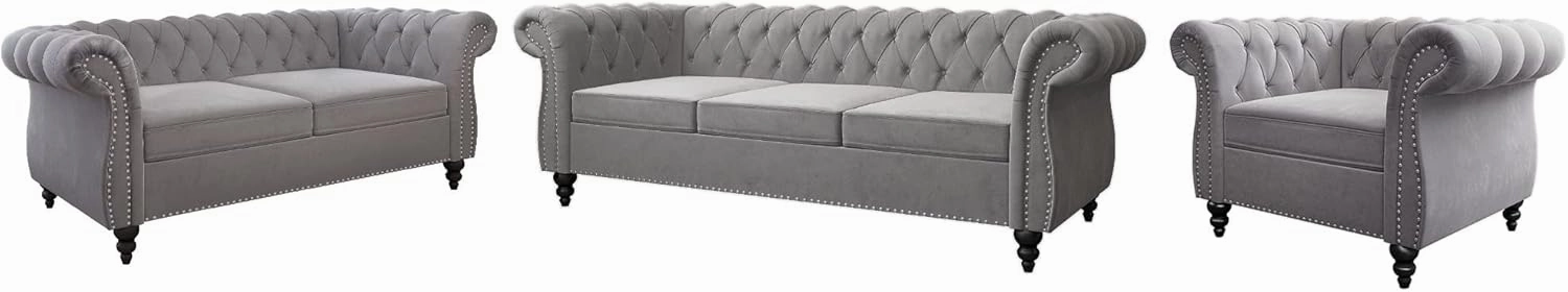 3 Piece Living Room Set, Chesterfield Velvet Sofa Loveseat Couch Chair with Scroll Arms and Nailhead for Living Room, Office (Grey, 1-2-3)