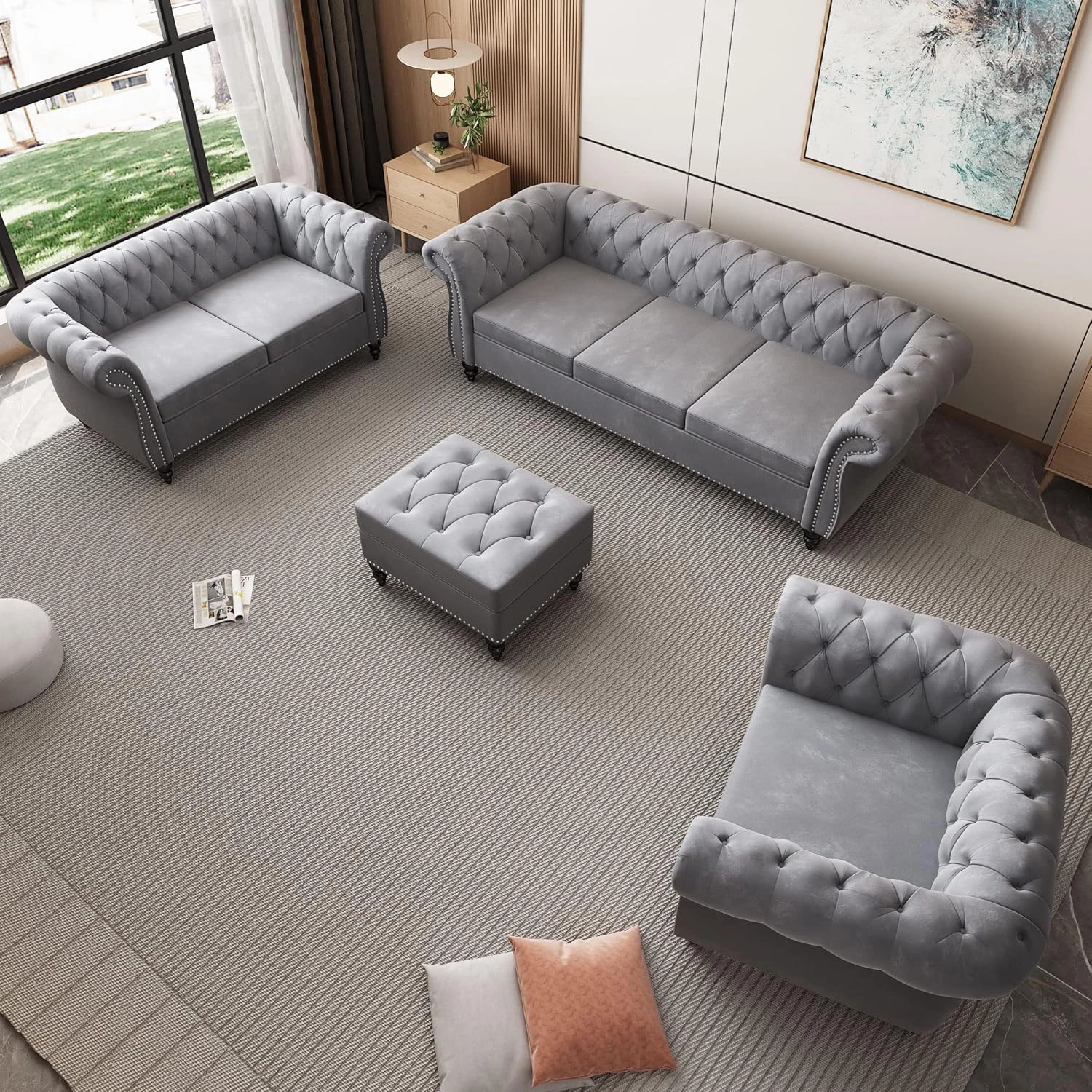 3 Piece Living Room Set, Chesterfield Velvet Sofa Loveseat Couch Chair with Scroll Arms and Nailhead for Living Room, Office (Grey, 1-2-3)