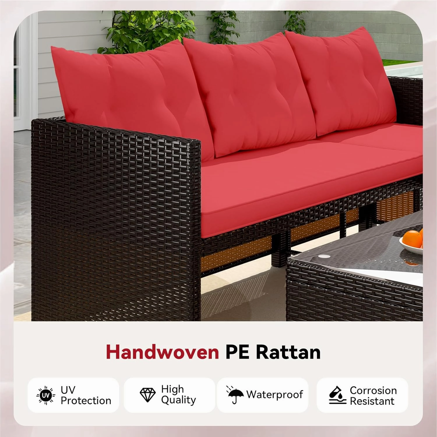 3 Piece Outdoor Patio Furniture Set, All-Weather PE Rattan Sofa Set with Glass Table & Cushions, Small Conversation Set for Garden, Poolside, Yard and Balcony-Red