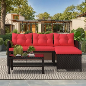 3 Piece Outdoor Patio Furniture Set, All-Weather PE Rattan Sofa Set with Glass Table & Cushions, Small Conversation Set for Garden, Poolside, Yard and Balcony-Red