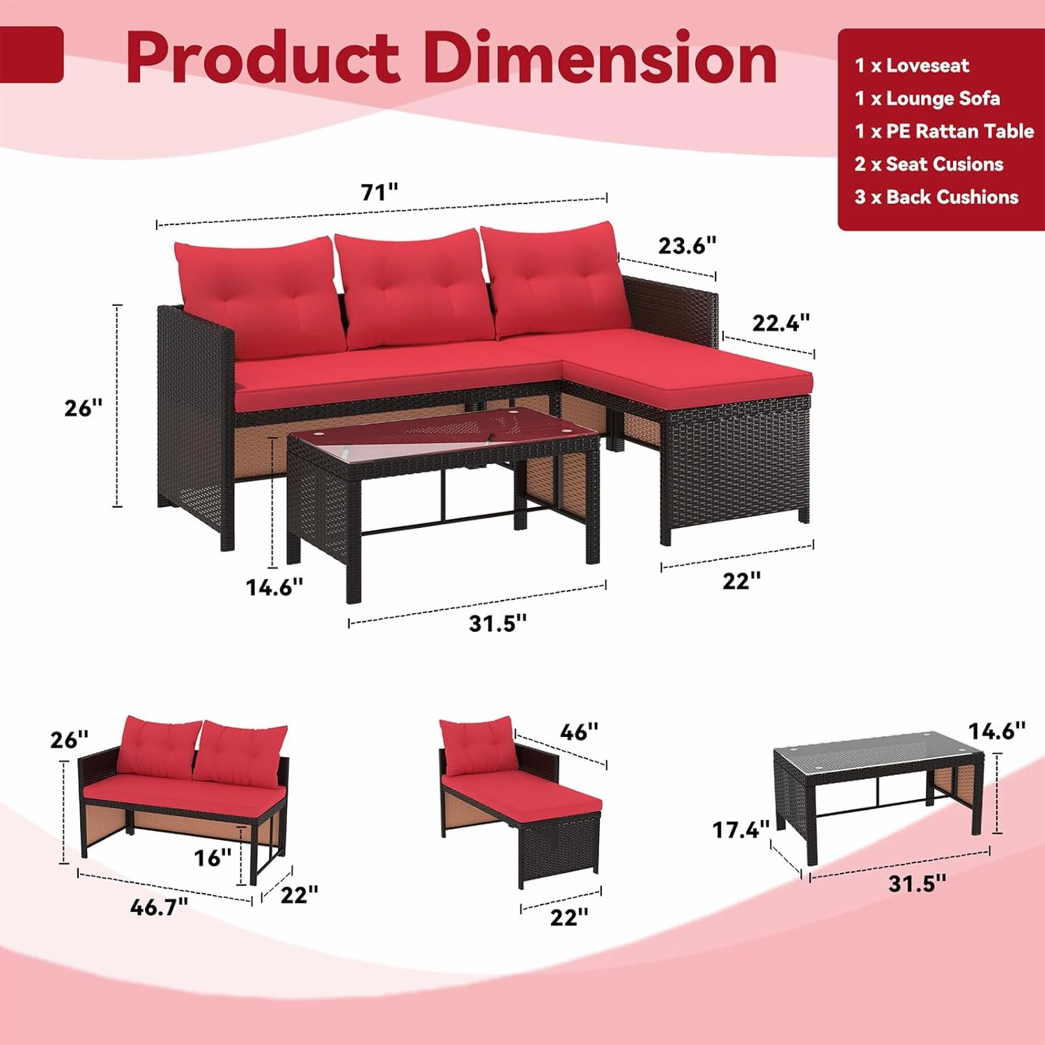 3 Piece Outdoor Patio Furniture Set, All-Weather PE Rattan Sofa Set with Glass Table & Cushions, Small Conversation Set for Garden, Poolside, Yard and Balcony-Red