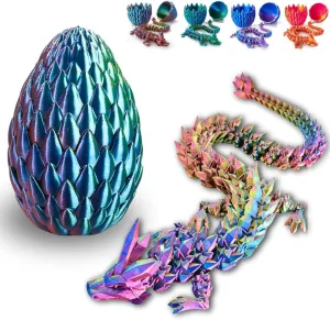 3D Printed 12” Articulated Crystal Dragon Inside 5.1” Egg – Fantasy Collectible, Fidget Toy & Stocking Easter Basket Stuffers for Home & Office Decor (Multicolor).