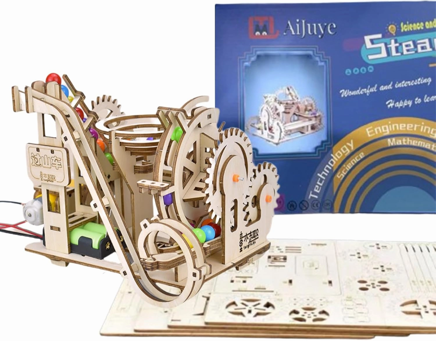 3D Wooden Roller Coaster Puzzle Motorized Marble Run Construction Kit with Gears and Tracks Mechanical Model Kit Laser Cut Wooden Pieces