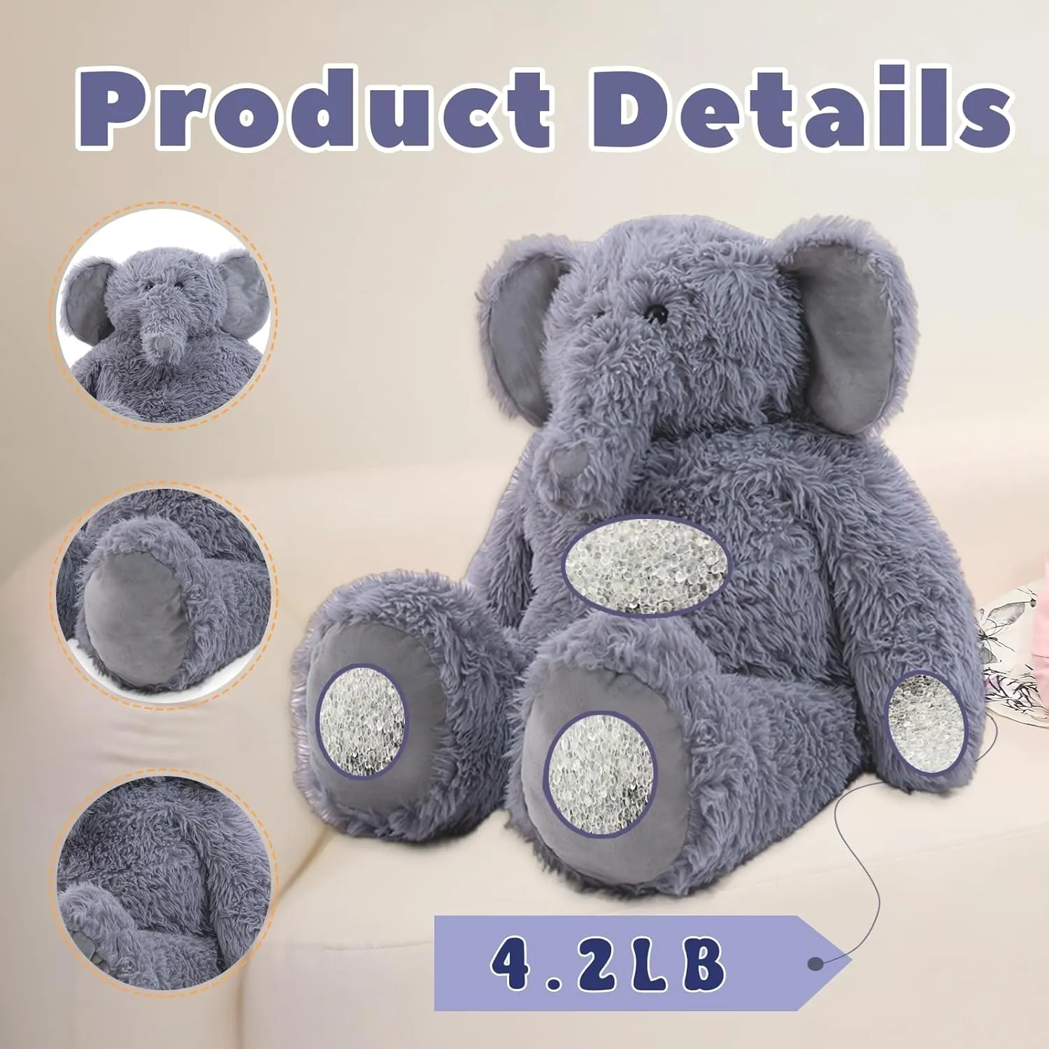 4.2 lbs Elephant Weighted Stuffed Animal 24in, Stuffed Elephant Plush for Adult, Kids, Weight Elephant Plush Animal Pillow Gifts on Christmas, Birthday, Valentine's Day
