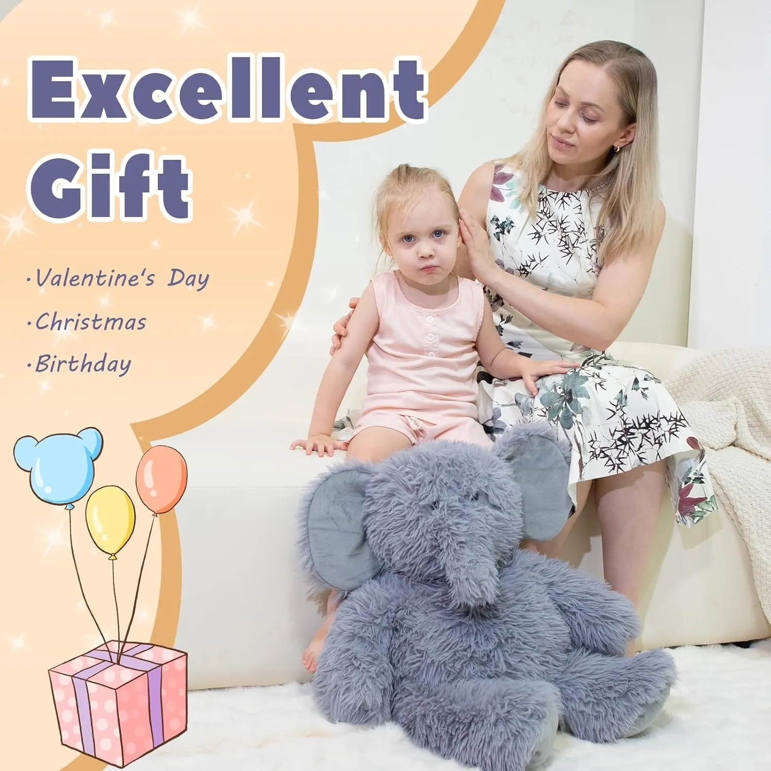 4.2 lbs Elephant Weighted Stuffed Animal 24in, Stuffed Elephant Plush for Adult, Kids, Weight Elephant Plush Animal Pillow Gifts on Christmas, Birthday, Valentine's Day
