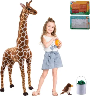 47” Large Giraffe Stuffed Animal Set, Giant Giraffe Plush Toys with Birds, Leaves, Basket, Tall Giraffe Toy Standing Lifelike, Gift for Kids Nursery Baby Shower Party