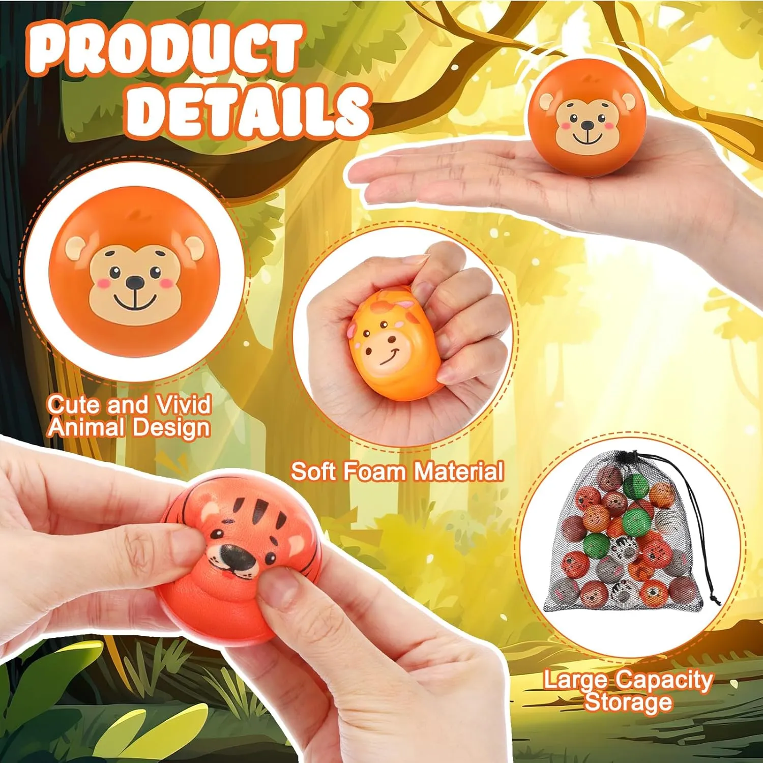48 Pcs Animal Stress Balls Jungle Animal Party Favor 2" Safari Squeeze Ball Funny Fidget Toy with Bag Wild One Zoo Birthday Decoration for Kid Classroom Prize Back to School Gift Baby Shower, 8 Style