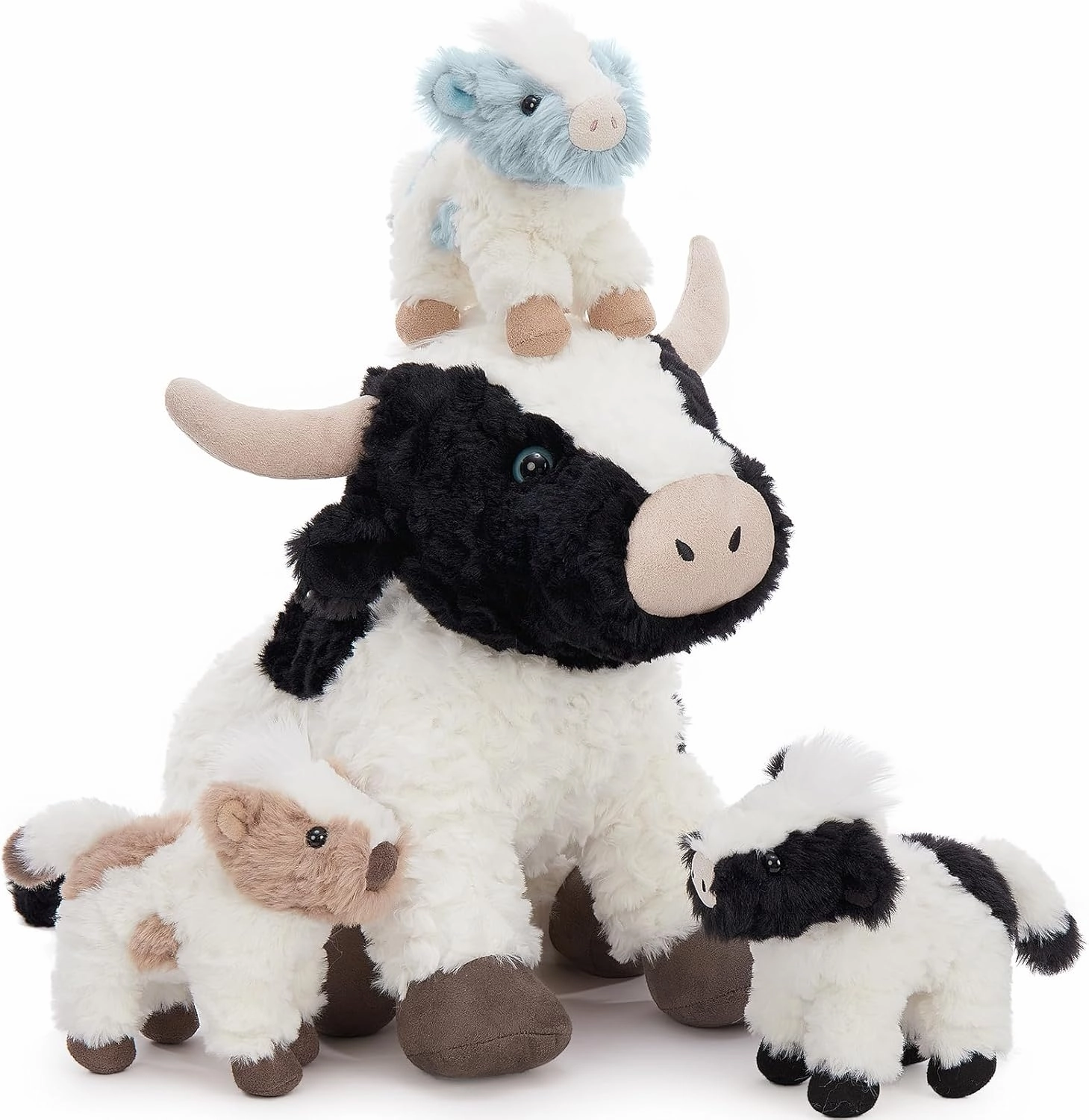 4Pcs Cow Plush Toy Set, Mommy Cow Stuffed Animal with 3 Adorable Calf Babies in Mom's Belly, 20" Soft Farm Aniaml for Girls Boys Kids, Christmas Birthday Gift