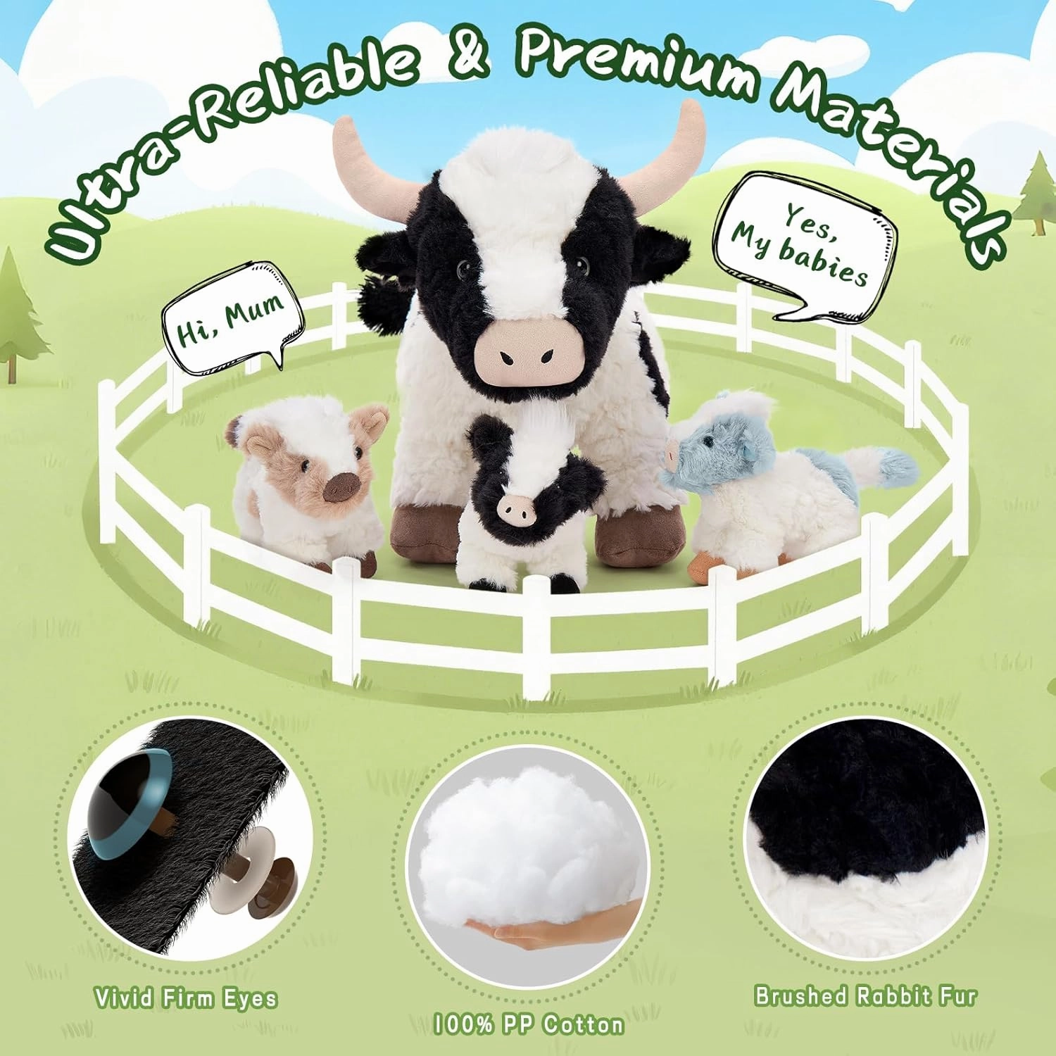 4Pcs Cow Plush Toy Set, Mommy Cow Stuffed Animal with 3 Adorable Calf Babies in Mom's Belly, 20" Soft Farm Aniaml for Girls Boys Kids, Christmas Birthday Gift