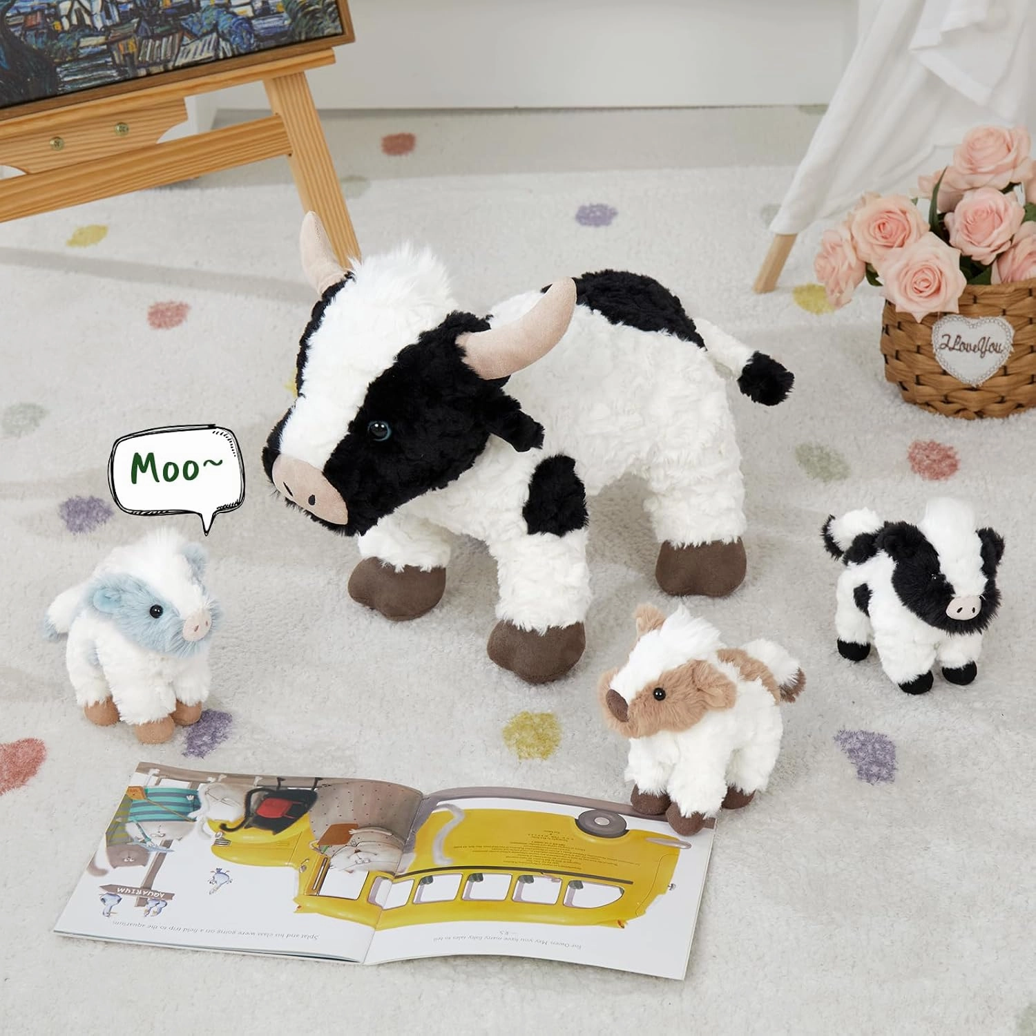4Pcs Cow Plush Toy Set, Mommy Cow Stuffed Animal with 3 Adorable Calf Babies in Mom's Belly, 20" Soft Farm Aniaml for Girls Boys Kids, Christmas Birthday Gift
