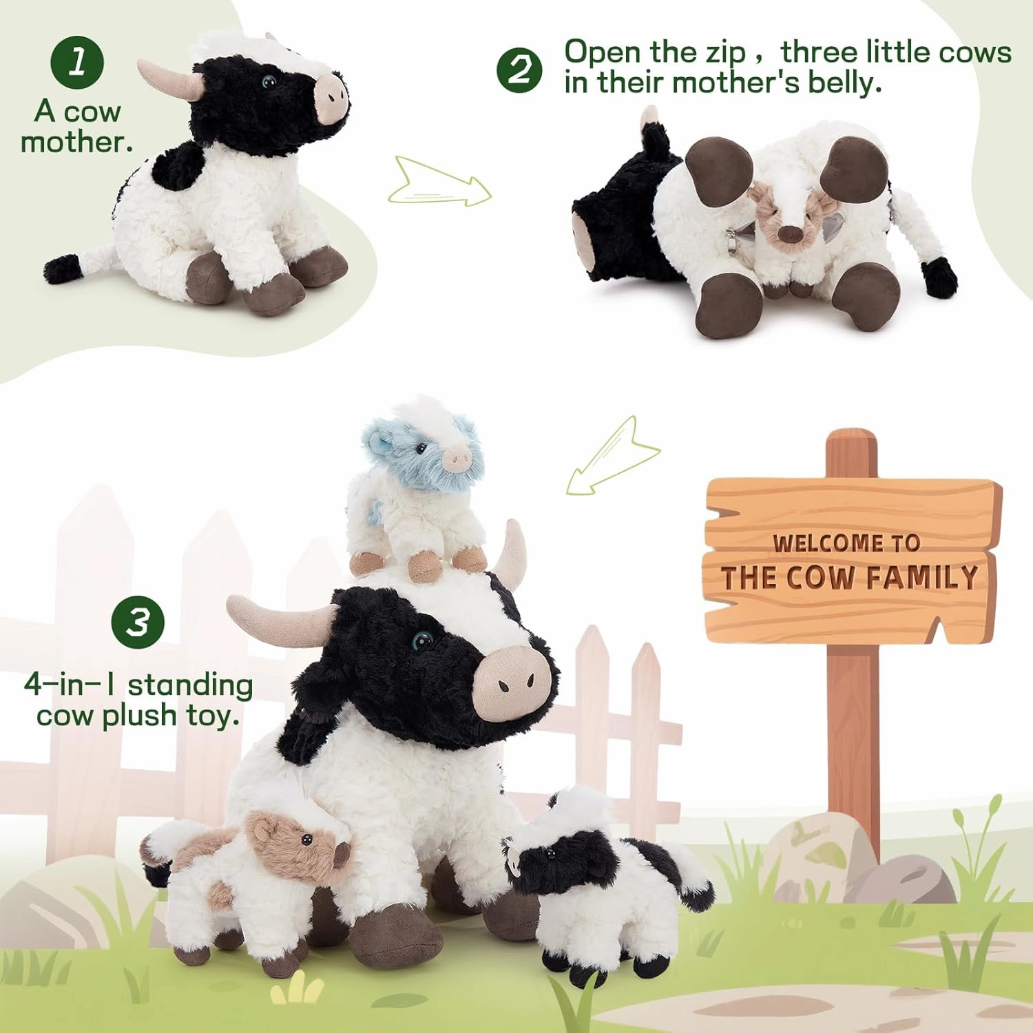 4Pcs Cow Plush Toy Set, Mommy Cow Stuffed Animal with 3 Adorable Calf Babies in Mom's Belly, 20" Soft Farm Aniaml for Girls Boys Kids, Christmas Birthday Gift