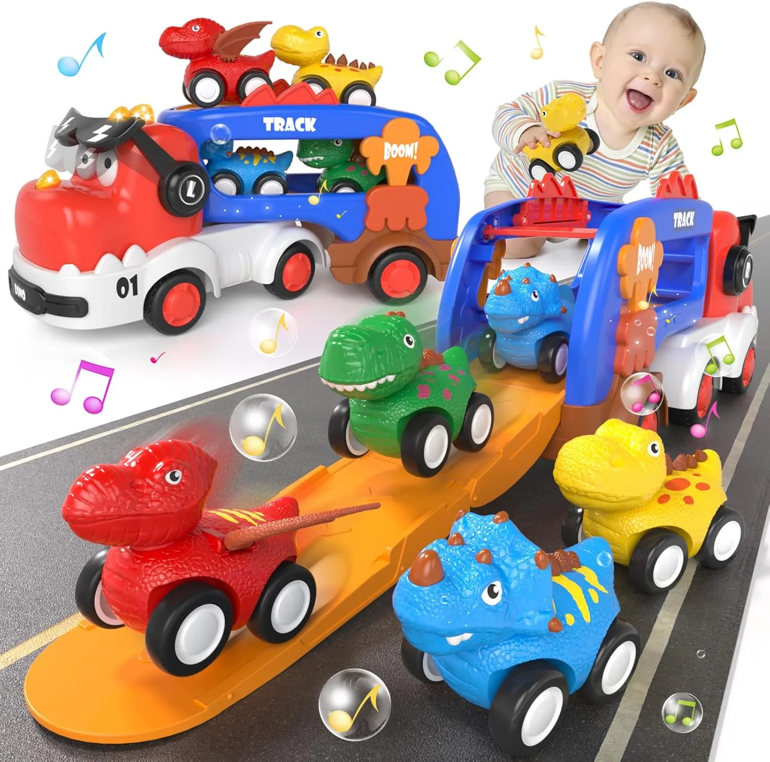 5 in 1 Dinosaur Truck Toys for Kids, Dinosaur Carrier Truck with Music & Light & 4 Pull Back Cars, Boys Toys Age 2 3, Birthday Gifts Toys for 1 2 3  Year Old Boy