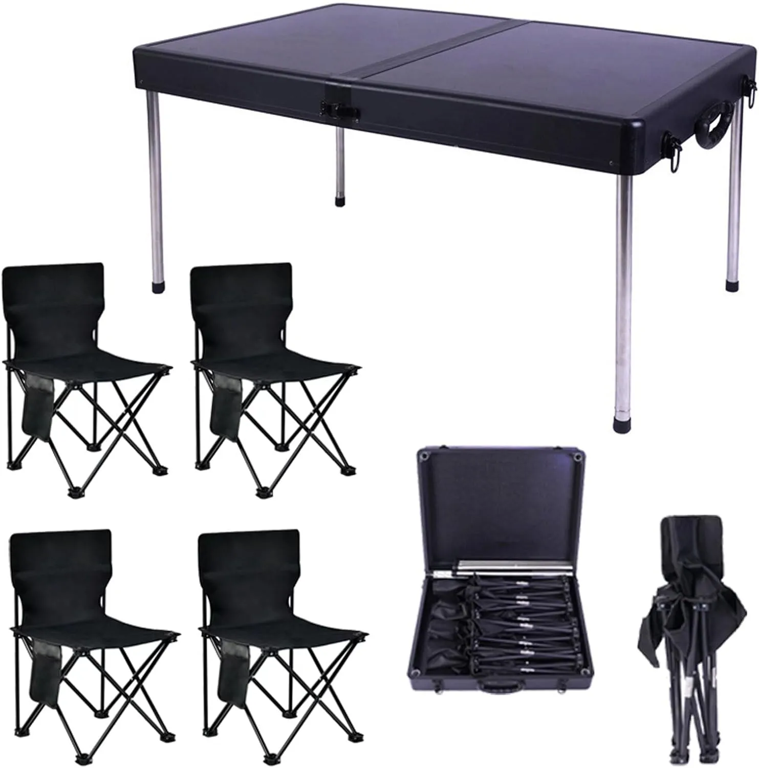 5 PCS Folding Table and Chairs,Black Portable Camping Table Foldable Picnic Table and 4 Chairs, Aluminum Folding Table for Beach Fishing Hiking Activities, Gray umbrella Hole
