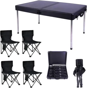 5 PCS Folding Table and Chairs,Black Portable Camping Table Foldable Picnic Table and 4 Chairs, Aluminum Folding Table for Beach Fishing Hiking Activities, Gray umbrella Hole
