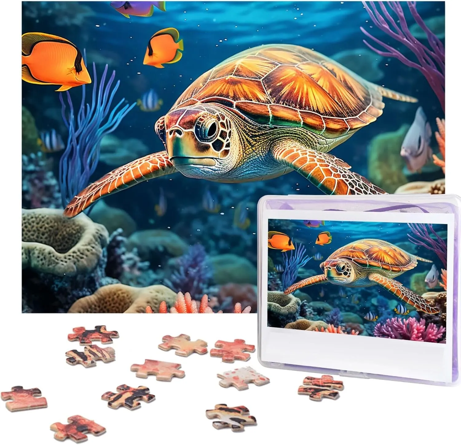 500 Piece Jigsaw Puzzles for Adults Challenging Puzzle Wooden Ocean Sea Turtle Tropical Fish Starfish Picture Puzzle Personalized Custom Wood Puzzle for Family Game Nights Gifts 20.4"x15"