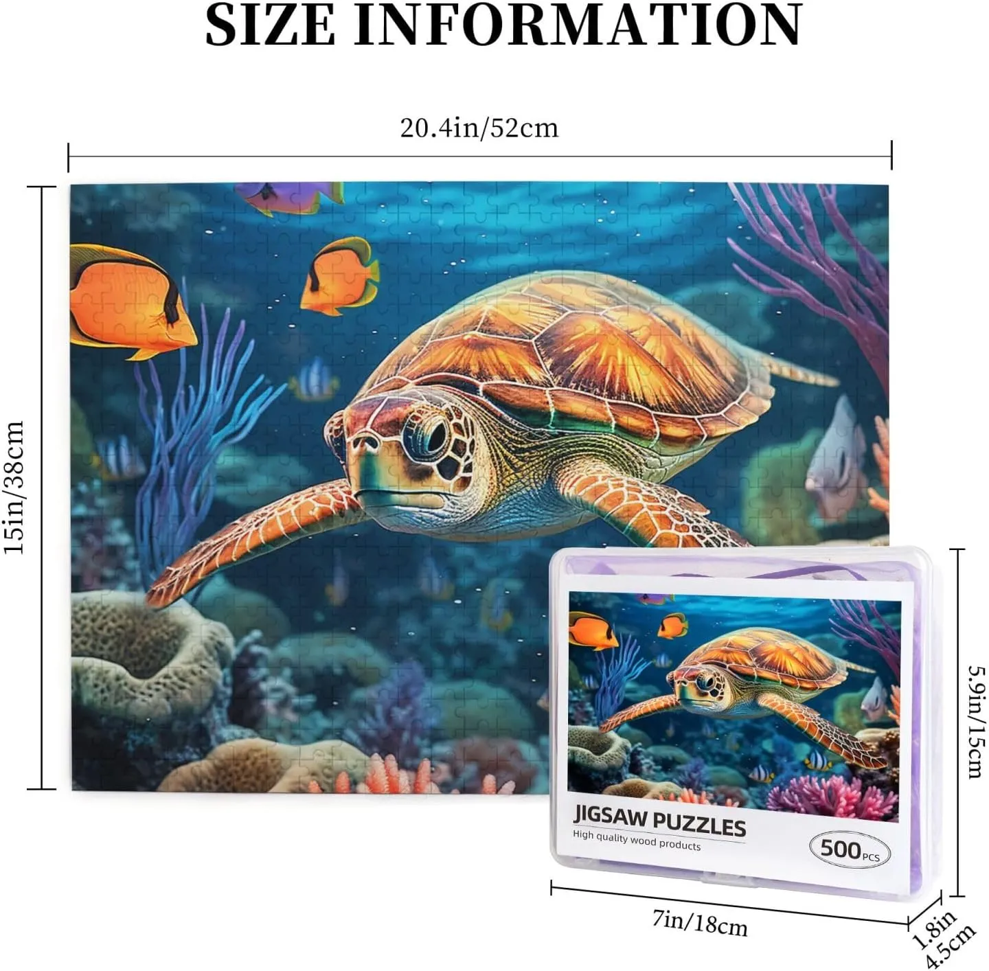 500 Piece Jigsaw Puzzles for Adults Challenging Puzzle Wooden Ocean Sea Turtle Tropical Fish Starfish Picture Puzzle Personalized Custom Wood Puzzle for Family Game Nights Gifts 20.4"x15"