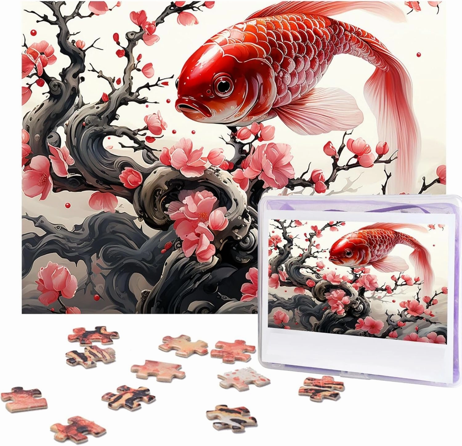 500 Piece Jigsaw Puzzles for Adults Challenging Puzzle Wooden Red Plum Fish Picture Puzzle Personalized Custom Wood Puzzle for Family Game Nights Gifts 20.4"x15"