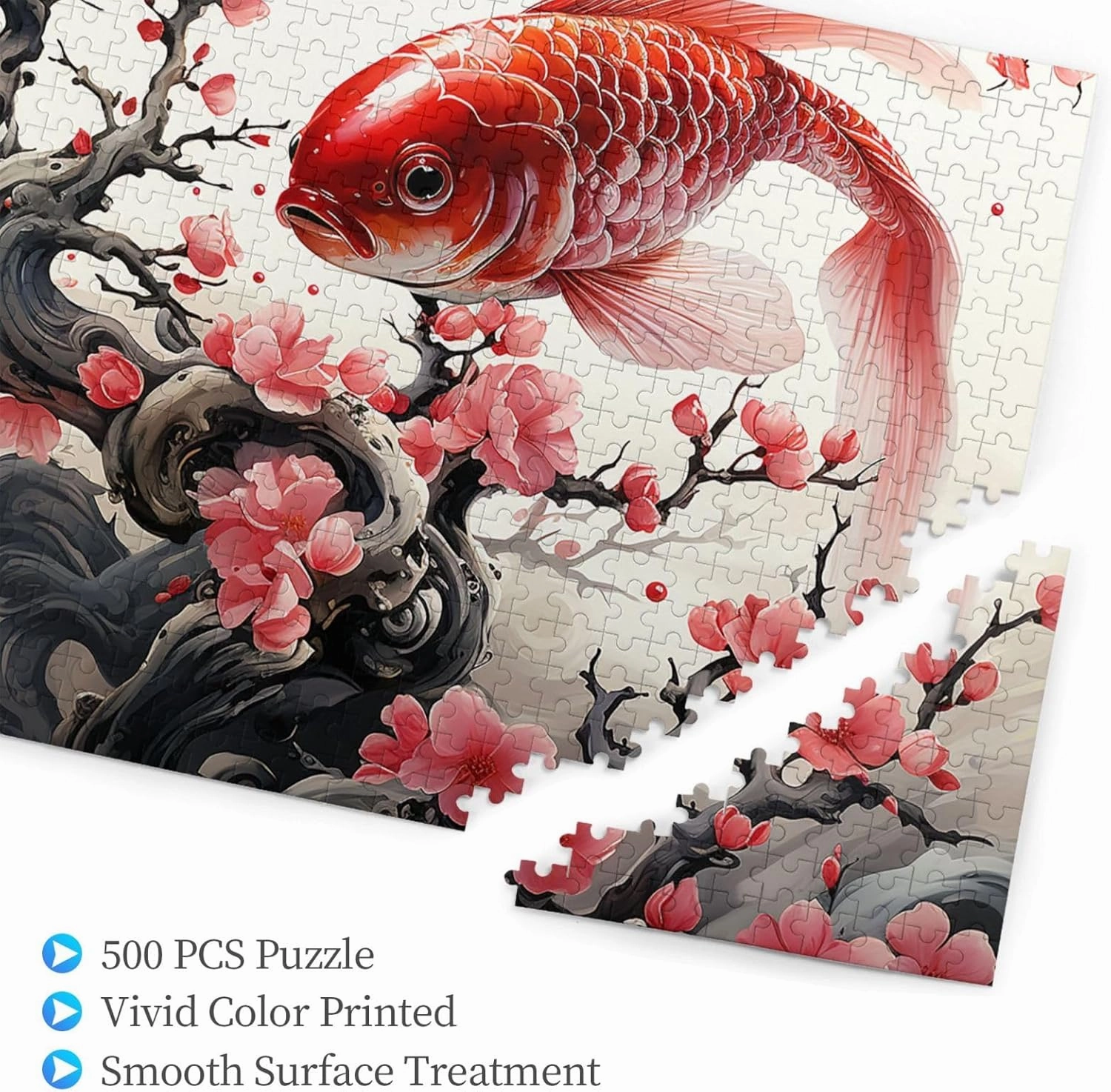 500 Piece Jigsaw Puzzles for Adults Challenging Puzzle Wooden Red Plum Fish Picture Puzzle Personalized Custom Wood Puzzle for Family Game Nights Gifts 20.4"x15"