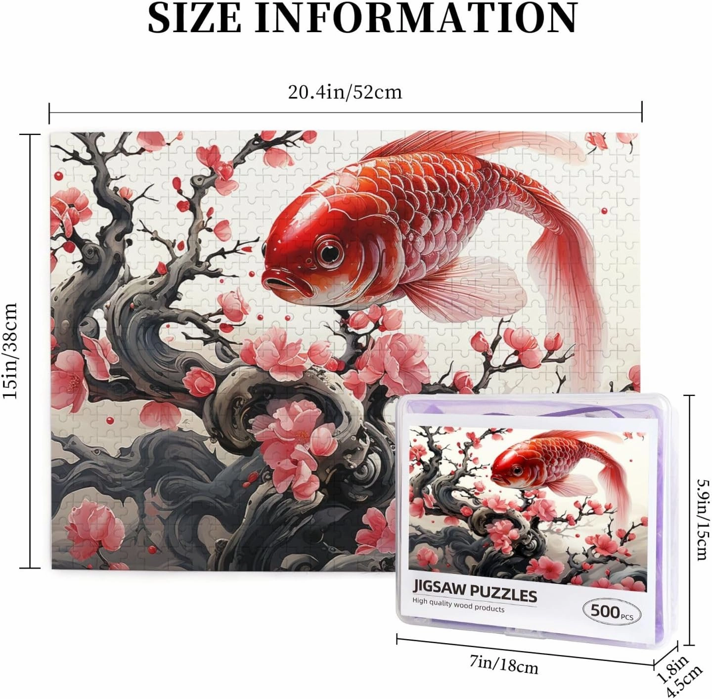 500 Piece Jigsaw Puzzles for Adults Challenging Puzzle Wooden Red Plum Fish Picture Puzzle Personalized Custom Wood Puzzle for Family Game Nights Gifts 20.4"x15"