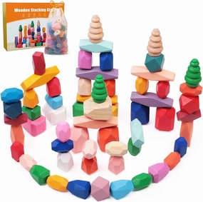 50PCS Wooden Stacking Rocks Building Blocks,Sensory Preschool Learning Activities Montessori Toys for Toddlers 3 Year Old, Balancing Stones Birthday Gifts for Kids 3-5