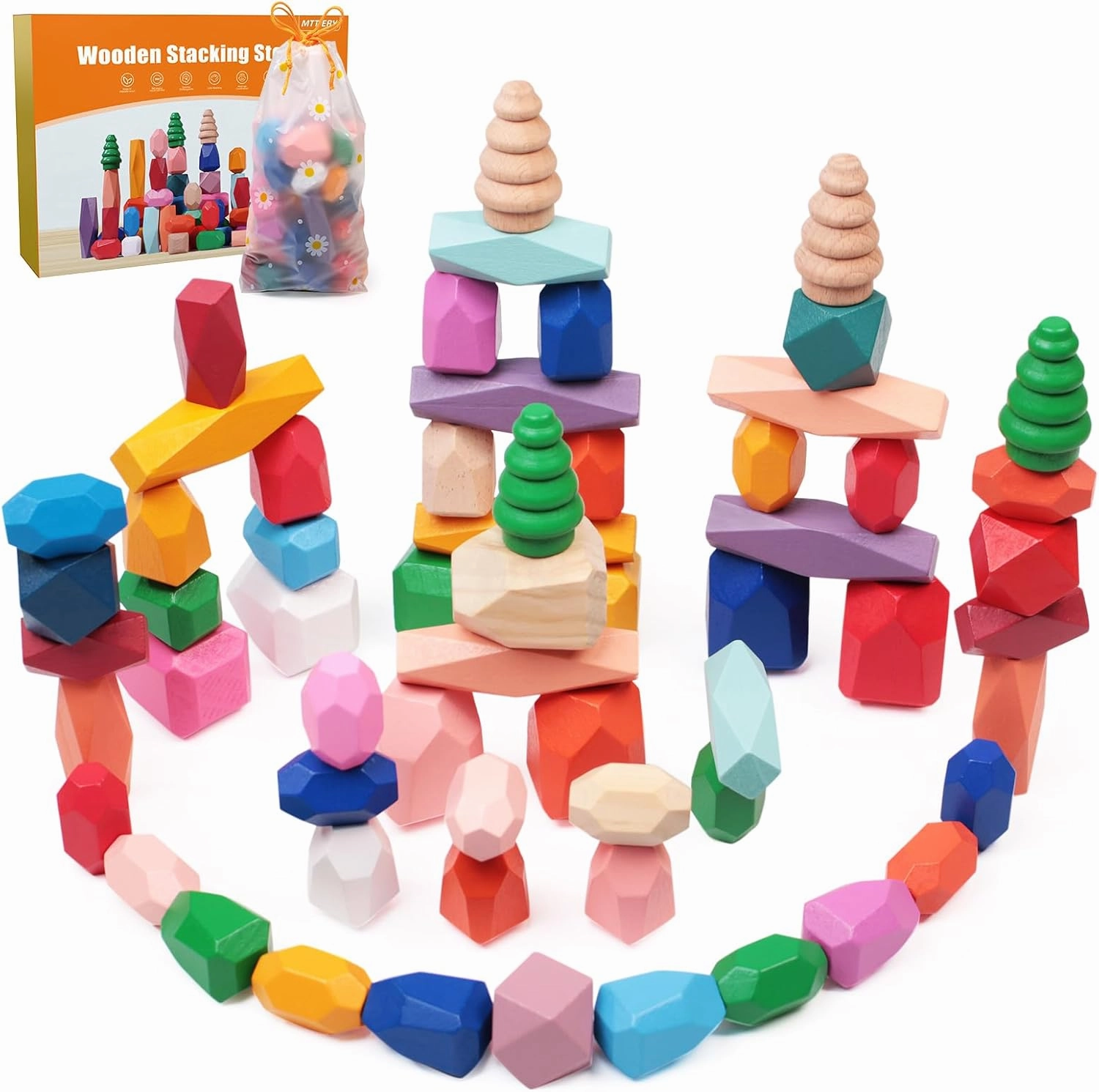 50PCS Wooden Stacking Rocks Building Blocks,Sensory Preschool Learning Activities Montessori Toys for Toddlers 3 Year Old, Balancing Stones Birthday Gifts for Kids 3-5