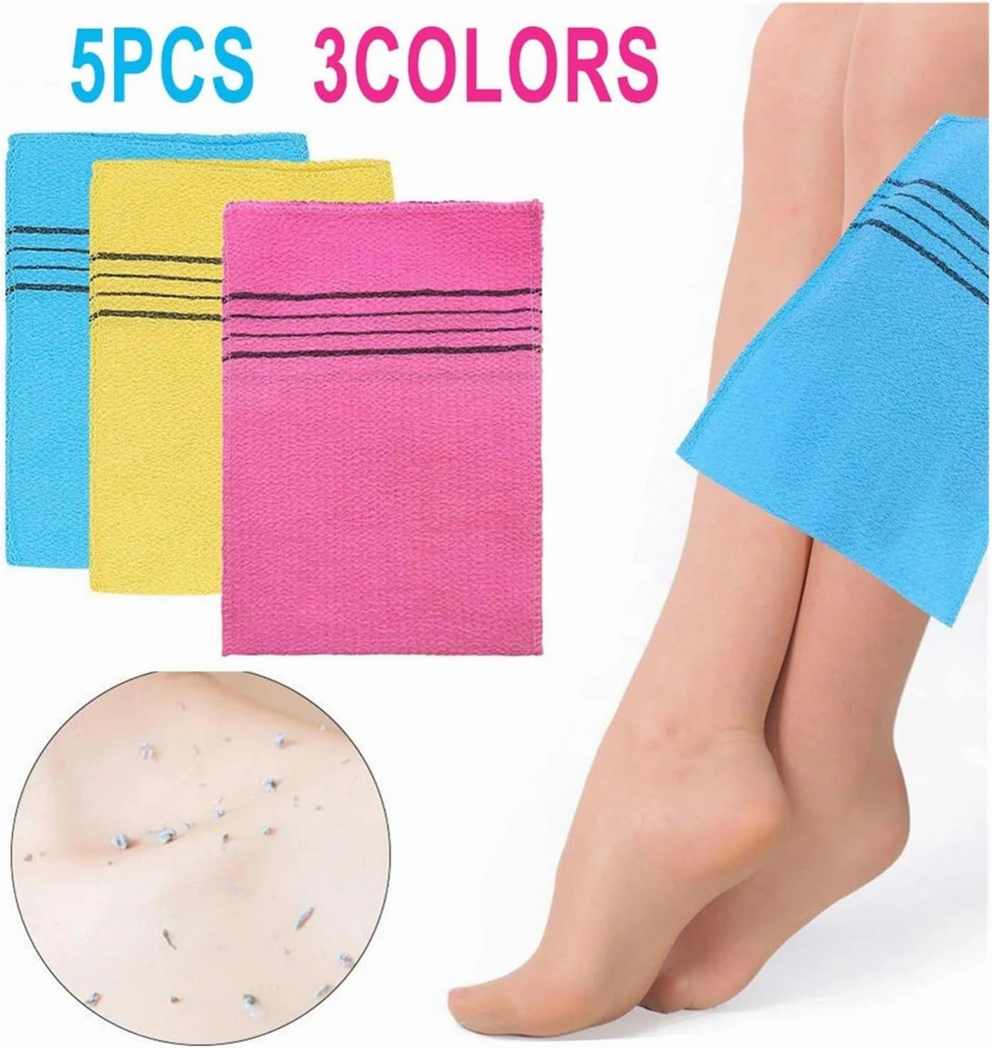 5Pcs Exfoliating Bath Pad Towels Set Korean Italy Asian Exfoliating Bath Washcloth Body Scrub Shower Soft Polyester Cotton(Yellow)