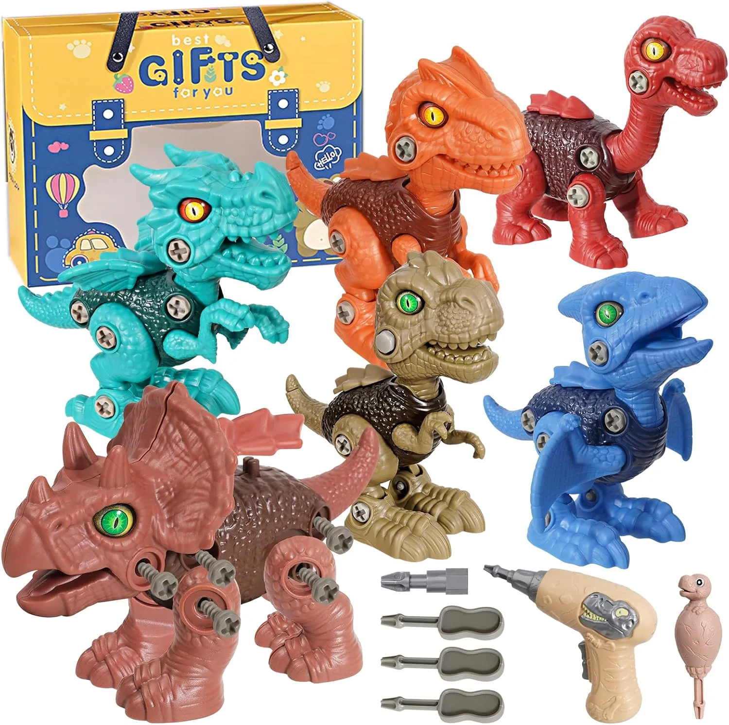 6 Pack Kids Take Apart Dinosaur Toys with Electric Drill, Dinosaur Toys for Boys 3 4 5 6 7 8 Year Old, Construction Building Dinosaur Toy Set is Ideal Boys Girls Xmas and Birthday Gift