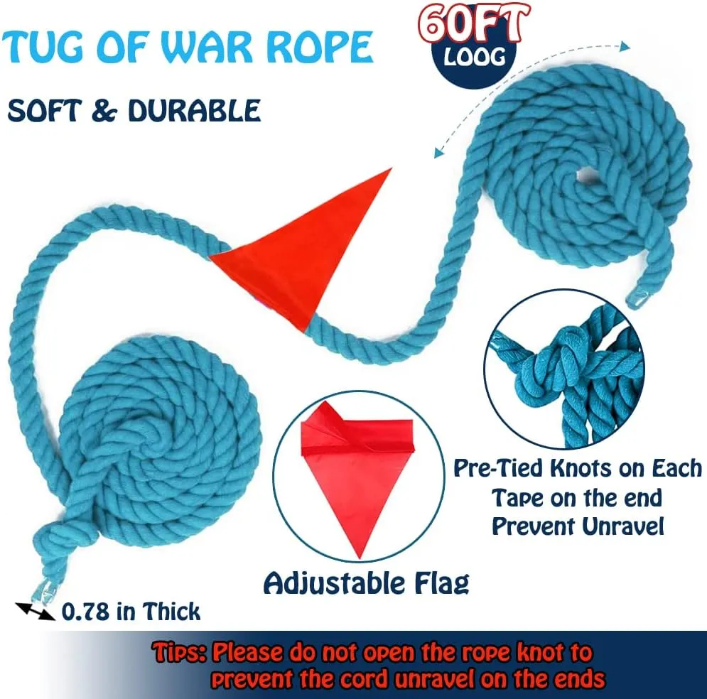 60 Feet Tug of War Rope for Kids and Adults, Outdoor Games Summer Outdoors Yard Backyard Camping Lawn Games for Field Day Family Reunion Birthday Party Team Building Activities Carnival Games