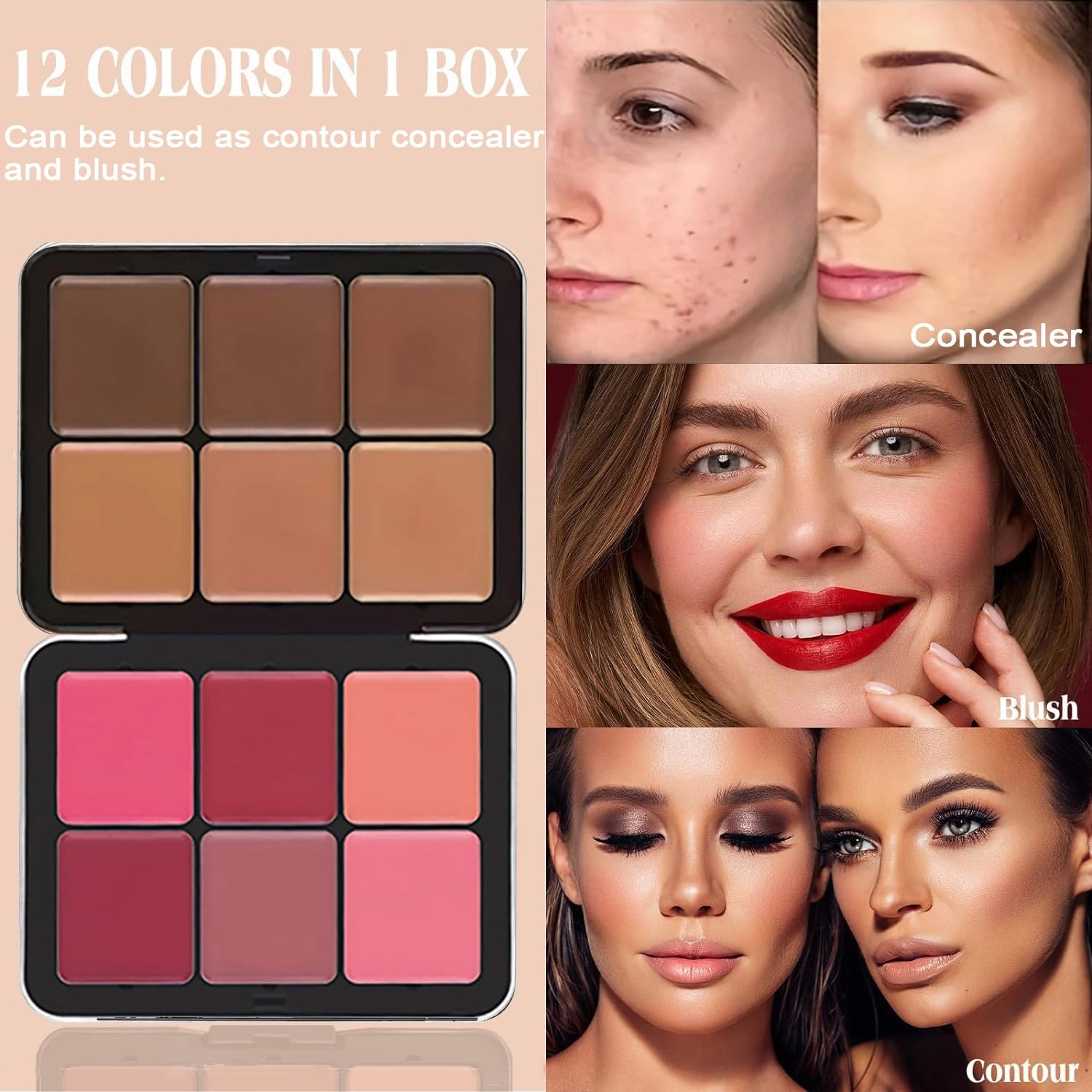 6 Colors Cream Blush & Concealer Contour Palette, Carla Secret Makeup Palette with 11 Pcs Makeup Brush Set, Long Wearing Blendable Full Coverage Foundation