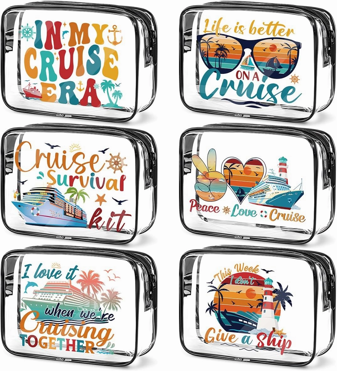 6 Pcs Clear Cruise Makeup Bags Gifts, Cruise Essentials Beach Cosmetic Bag for Women, Cruise Ship Survival Kits, Travel PVC Waterproof Toiletry Bags for Girls Sister Daughter Nurse Teacher