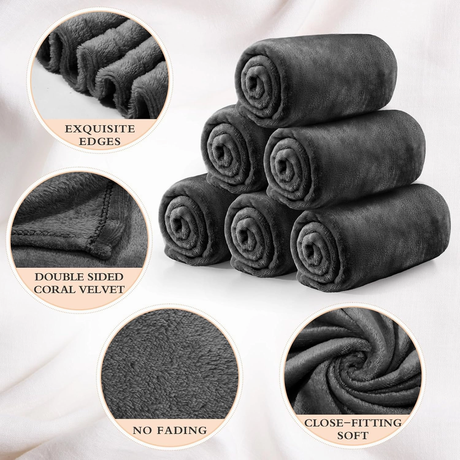6 Pcs Flannel Fleece Throw Blanket Bulk 50 x 60 Inch Soft Fleece Blanket Warm Throw Blanket Coral Blankets for Couch Sofa Home Wedding Gifts Season (Dark Gray)