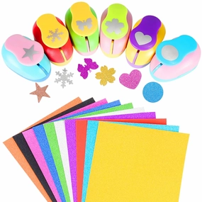 6 Pieces Craft Hole Punches with 10 Glitter Cardstock Paper, Handmade Paper Punch Set Different Shapes for DIY Arts Crafting Scrapbooking Random Color