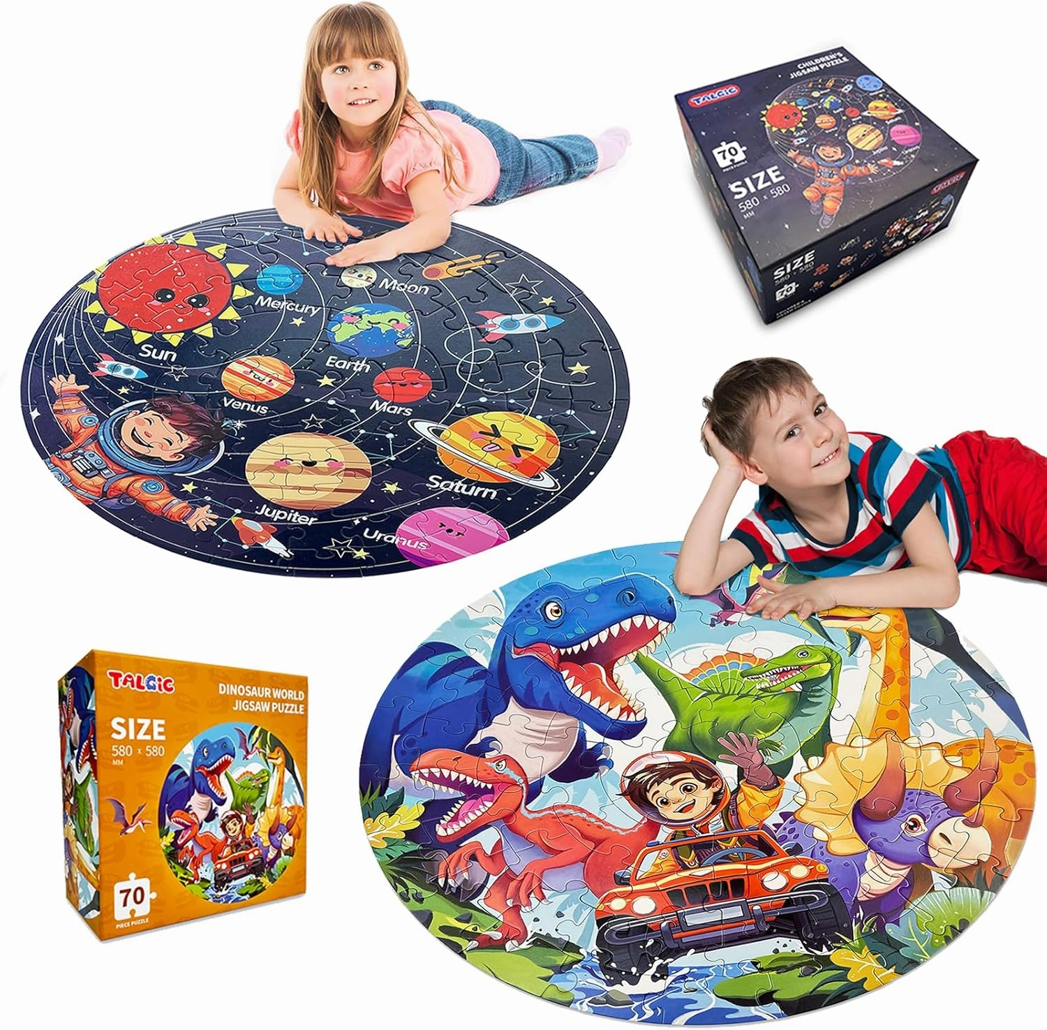 70 Piece Solar System Puzzle | 70 Piece Round Dinosaur Puzzles for Kids Ages 4-6