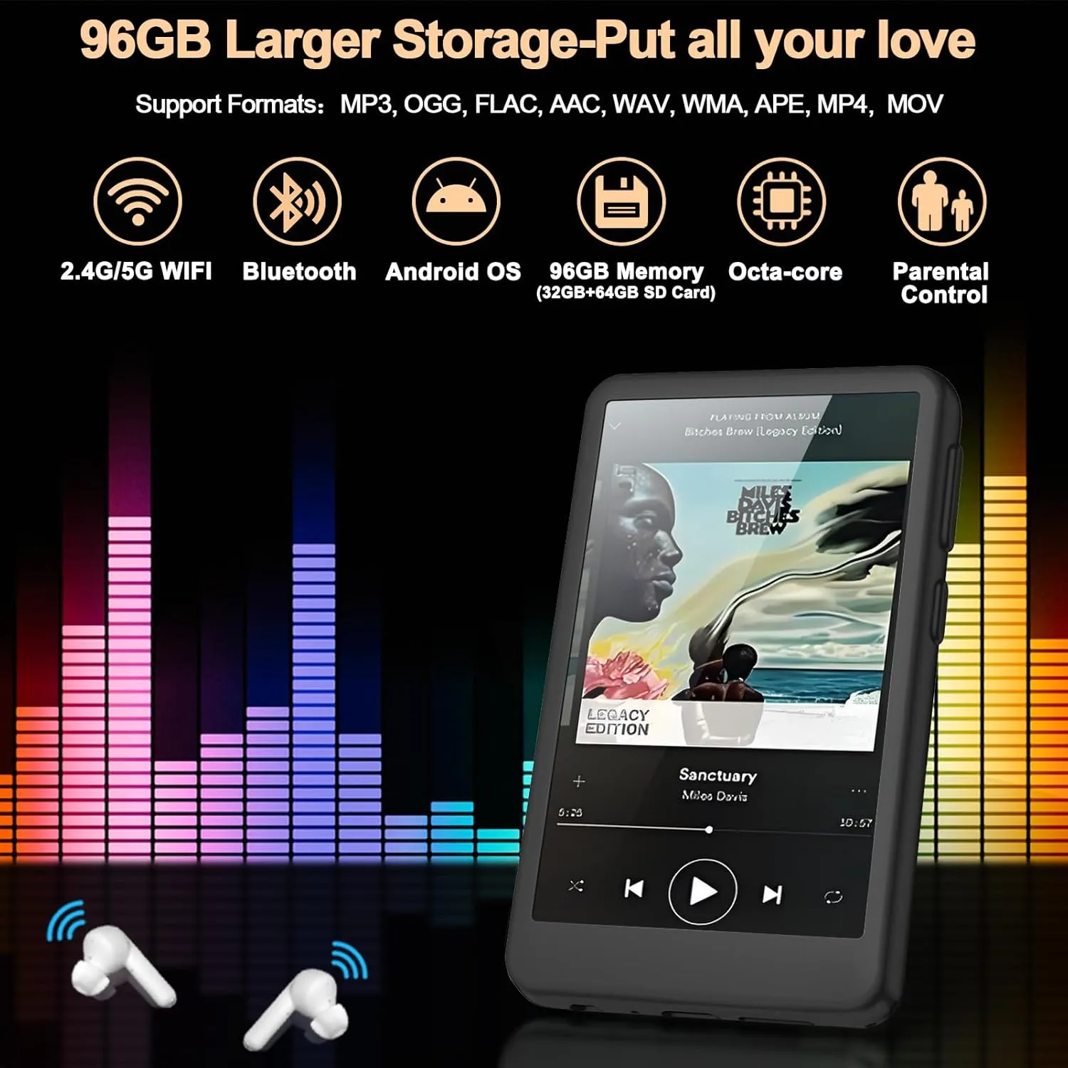 96GB MP3 Player with Bluetooth and WiFi, 4.0" Touch Screen, MTK Octa-core, MP4 MP3 Player for Spotify, Pandora, Music, 3GB RAM 96GB Storage Up to 1Tb, Android Music Player for Parental Control