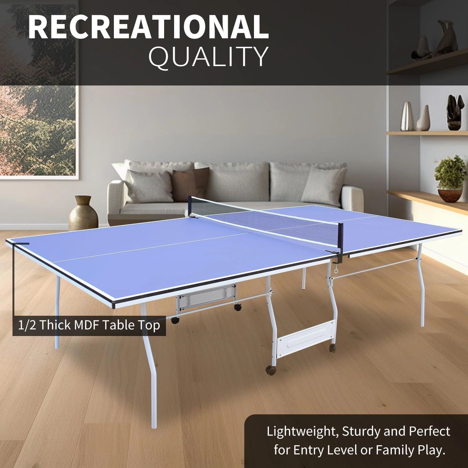 9Ft Mid-Size Table Tennis Table Foldable & Portable Professional MDF Ping Pong Table Set for Indoor Games Quick Clamp Ping Pong with Net, 2 Table Tennis Paddles and 3 Balls