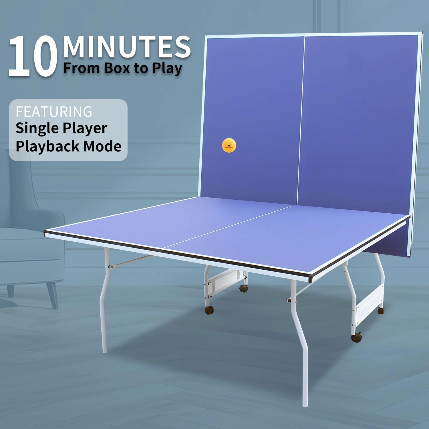 9Ft Mid-Size Table Tennis Table Foldable & Portable Professional MDF Ping Pong Table Set for Indoor Games Quick Clamp Ping Pong with Net, 2 Table Tennis Paddles and 3 Balls