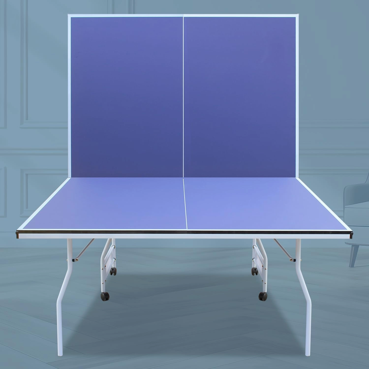9Ft Mid-Size Table Tennis Table Foldable & Portable Professional MDF Ping Pong Table Set for Indoor Games Quick Clamp Ping Pong with Net, 2 Table Tennis Paddles and 3 Balls