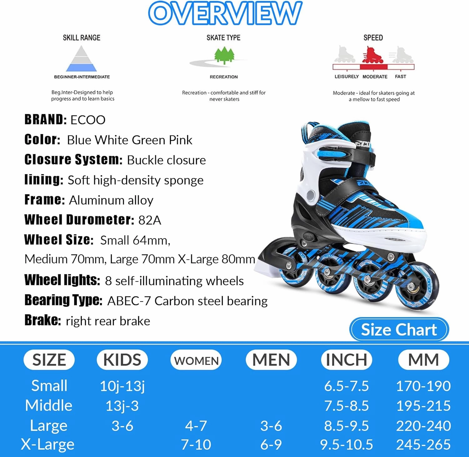 Adjustable Inline Skates Boys and Girls with Light up Wheels，Roller Skates for Kids Ages 4-12, Teen Skates for Beginner Outdoor and Indoor