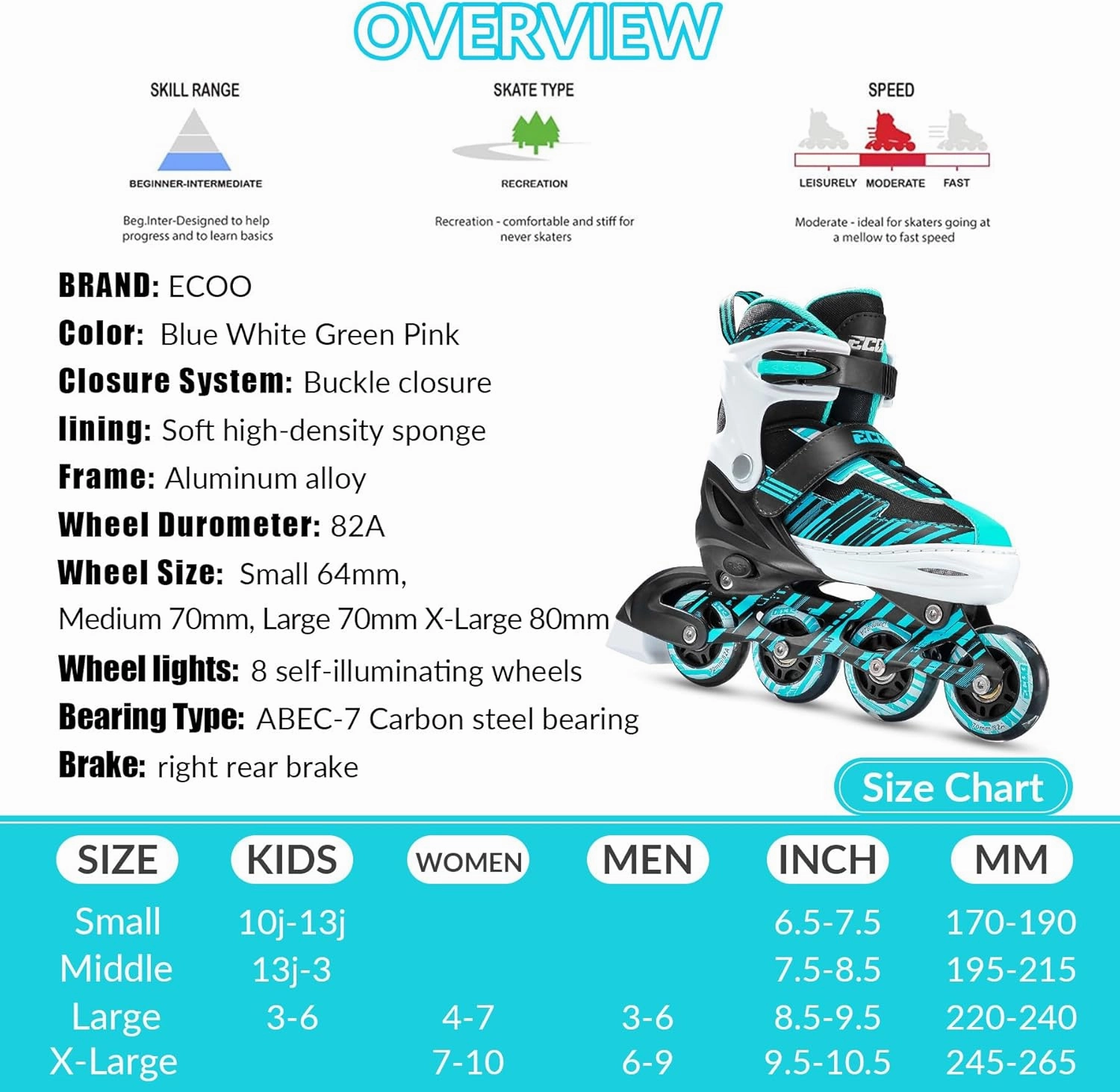 Adjustable Inline Skates Boys and Girls with Light up Wheels，Roller Skates for Kids Ages 4-12, Teen Skates for Beginner Outdoor and Indoor