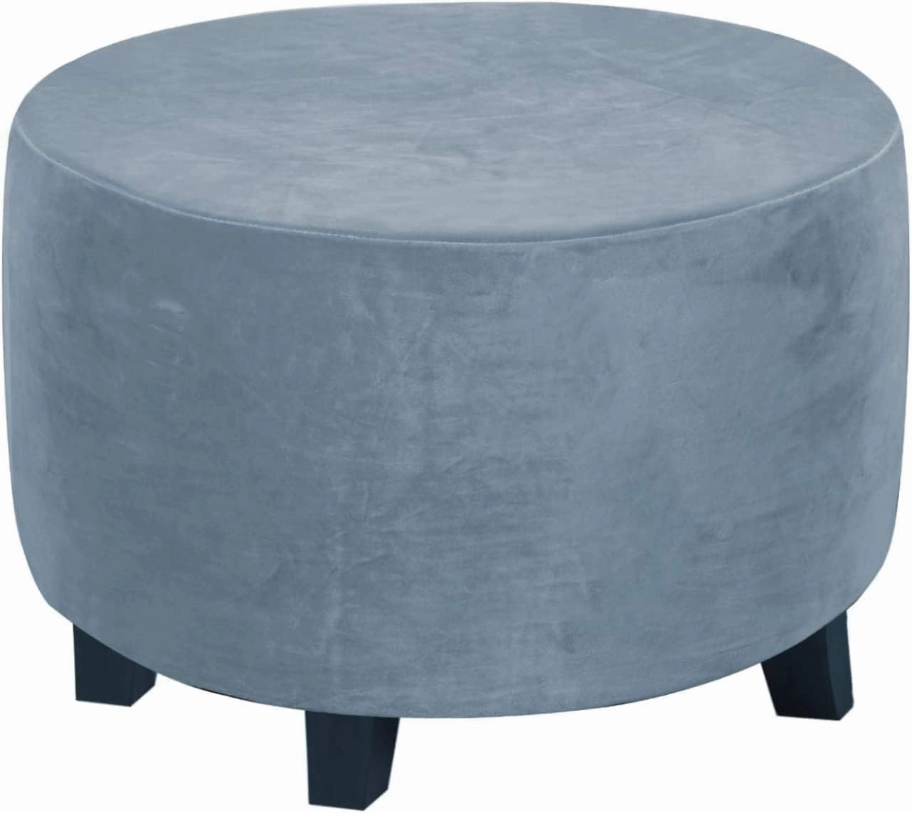 ADPON Velvet Plush Ottoman Cover,Super Stretch Round Ottoman Slipcover Washable Storage Stool Furniture Protector for Living Room (Medium,Stone Blue)