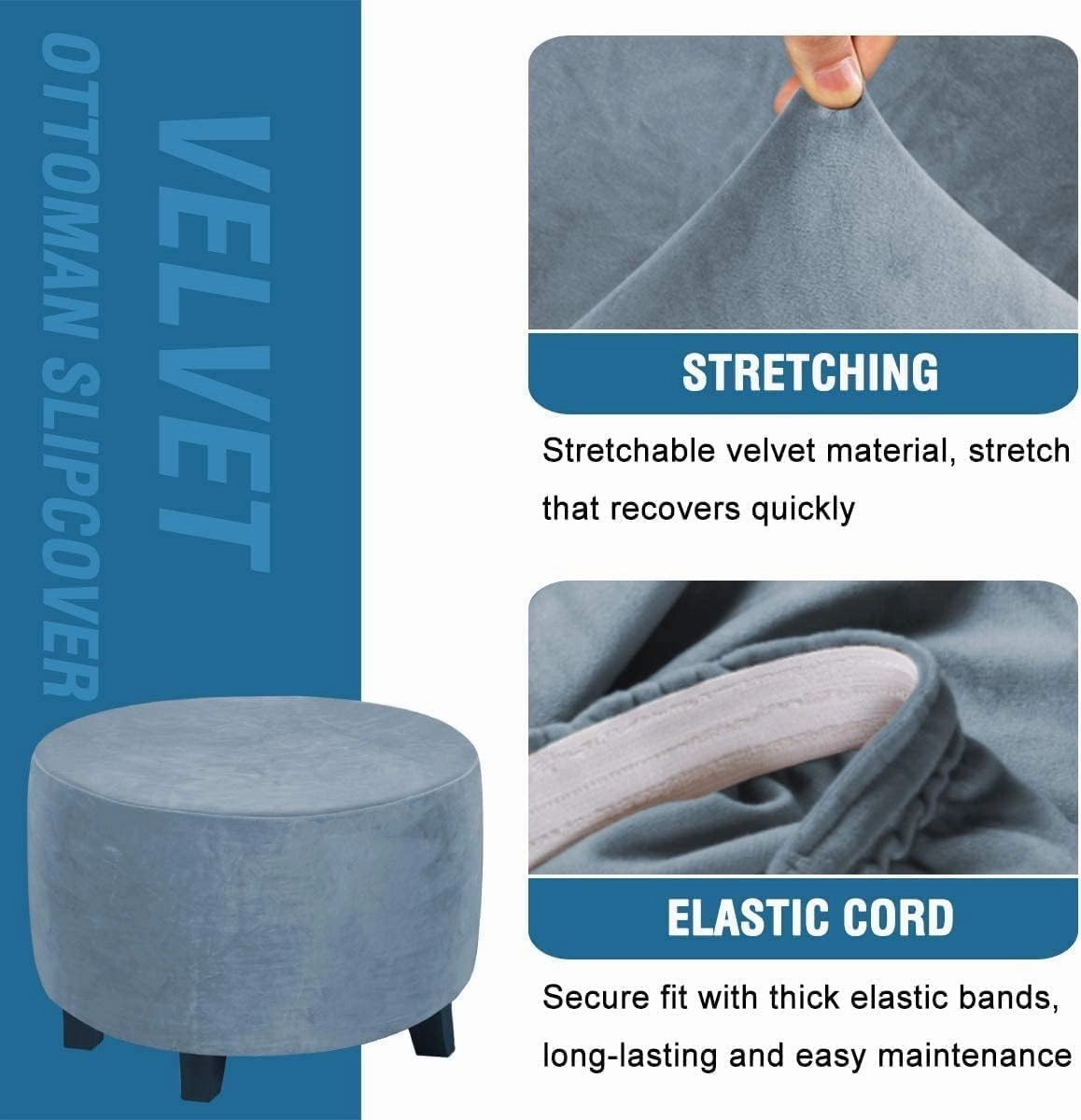 ADPON Velvet Plush Ottoman Cover,Super Stretch Round Ottoman Slipcover Washable Storage Stool Furniture Protector for Living Room (Medium,Stone Blue)