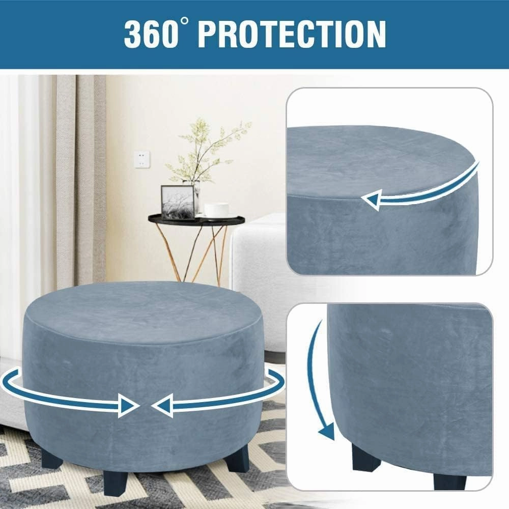 ADPON Velvet Plush Ottoman Cover,Super Stretch Round Ottoman Slipcover Washable Storage Stool Furniture Protector for Living Room (Medium,Stone Blue)