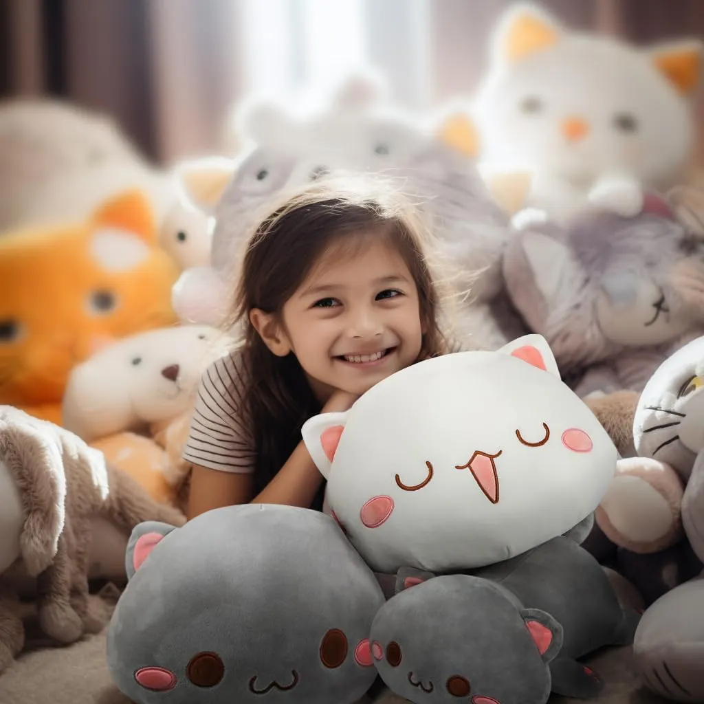 AFAN Cat Stuffed Animals Plush Cute Soft Cat Plush Pillow Toys Kawaii Plushies Room Decor Gifts for Kids Girls Boys (Squinted Eyes, Grey, 13.7 Inch)