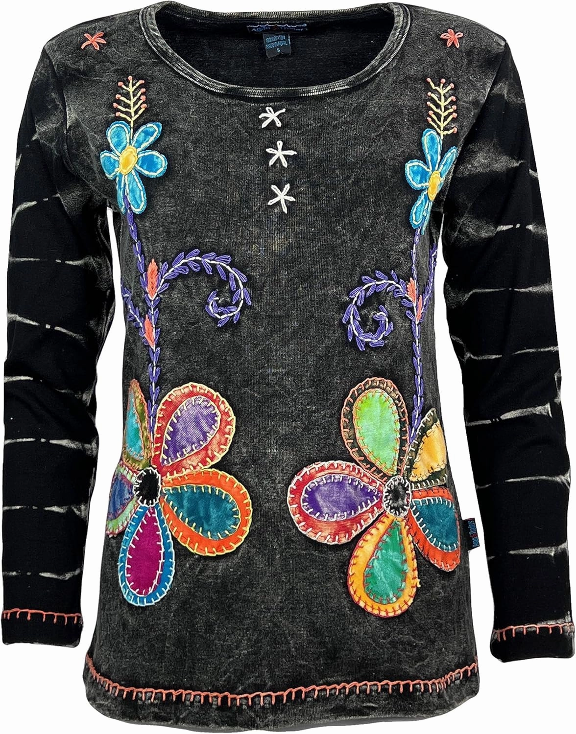 Agan Traders 2025 Spring Women's Boho Rib Knit Thick Cotton Distressed Patch Embroidered Long Sleeve Sweatshirt Top Blouse