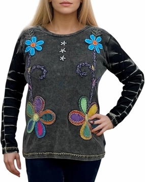 Agan Traders 2025 Spring Women's Boho Rib Knit Thick Cotton Distressed Patch Embroidered Long Sleeve Sweatshirt Top Blouse