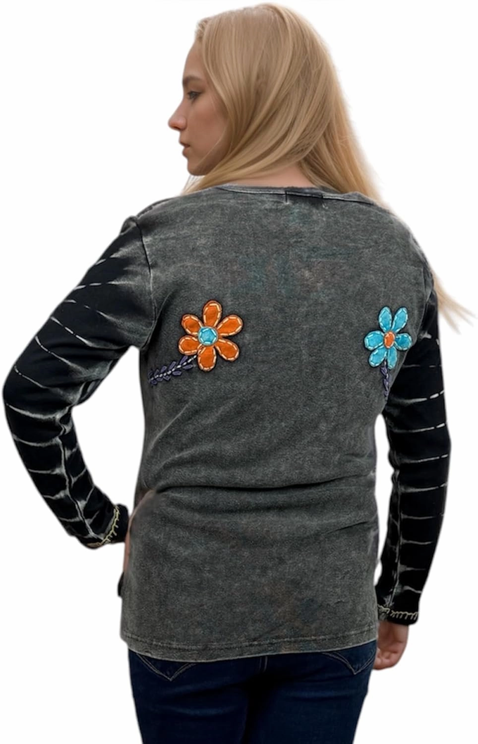 Agan Traders 2025 Spring Women's Boho Rib Knit Thick Cotton Distressed Patch Embroidered Long Sleeve Sweatshirt Top Blouse