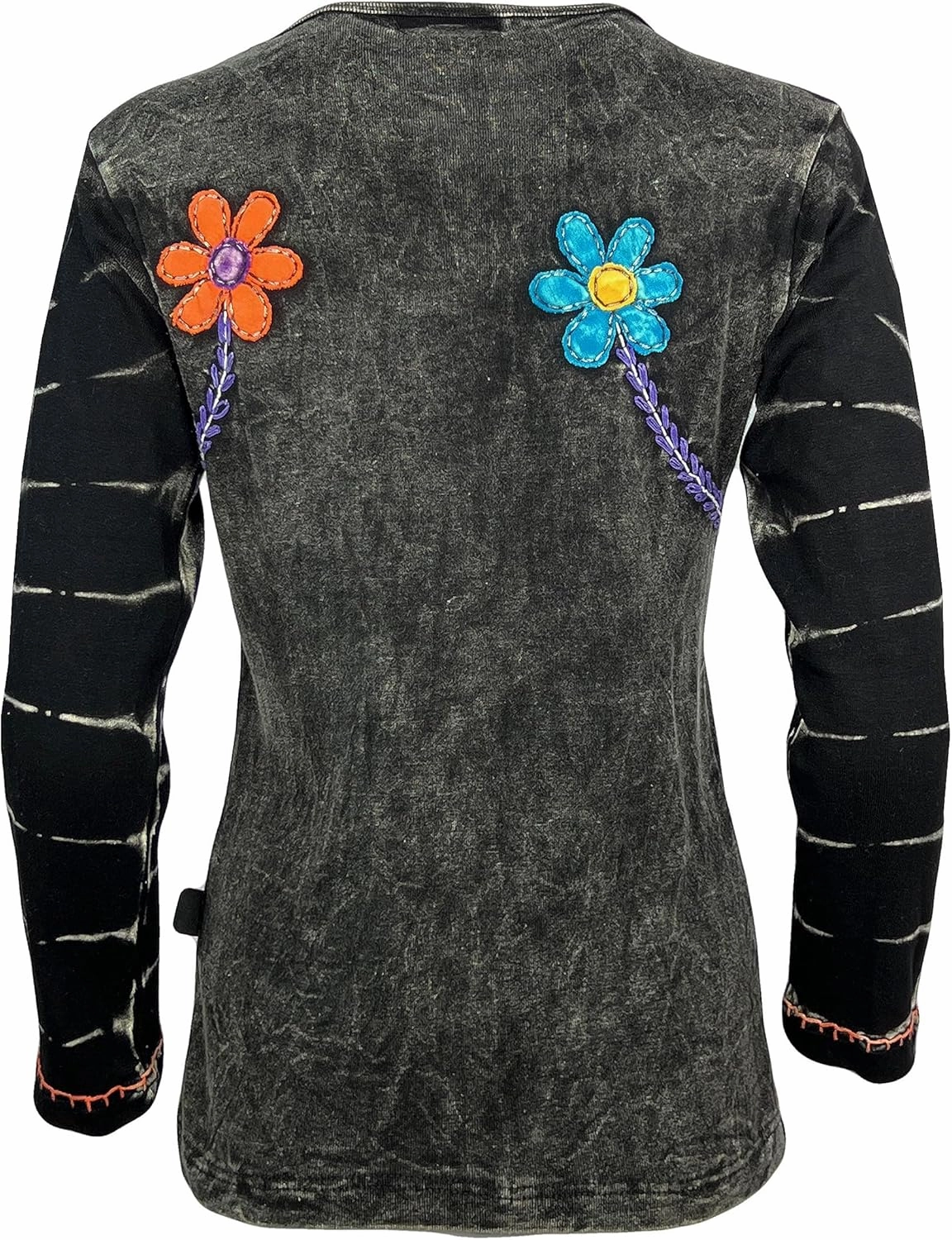 Agan Traders 2025 Spring Women's Boho Rib Knit Thick Cotton Distressed Patch Embroidered Long Sleeve Sweatshirt Top Blouse